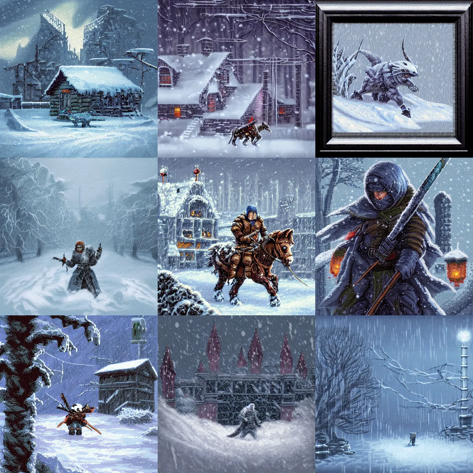 Prompt: bandit in a snow storm, pixel art, falling snow, theme :'icewind dale ', artist :'justin sweet ',