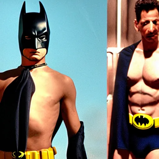 Prompt: jeff goldblum wearing batman underoos