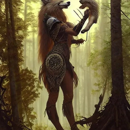 Image similar to long shot photo of a humanoid female she - wolf with wolf head were a heroic dress an armour in the forest, long hair, highly detailed, digital painting, artstation, smooth, sharp focus, illustration, art by artgerm and greg rutkowski and alphonse mucha