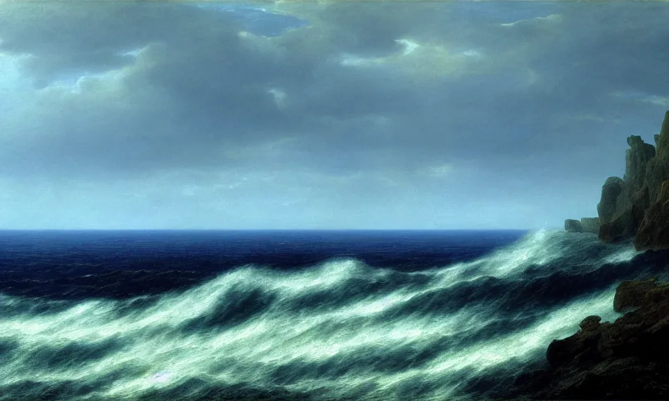 Image similar to a cinematic hyperrealism highly detailed photograph of blue ocean, by caspar david friedrich, trending on artstation