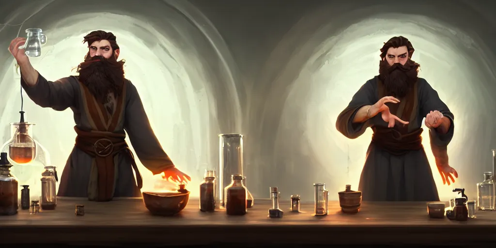 Image similar to a handsome bearded caucasian male sorcerer with brown hair he is casting a spell with flowing energy, he is in a alchemist lab filled with beakers and equipment, neutral pose, waist up, epic composition, 4 k, trending on artstation, in the styles of bo chen and anna podedworna