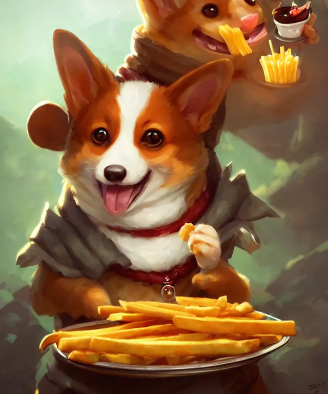 Prompt: a portrait of an anthropomorphic corgi cat eating hamburgers and fries, restaurant in background, cute and adorable, dnd character art portrait, well rendered matte fantasy painting, deviantart artstation, by jason felix by steve argyle by tyler jacobson by peter mohrbacher, cinematic lighting
