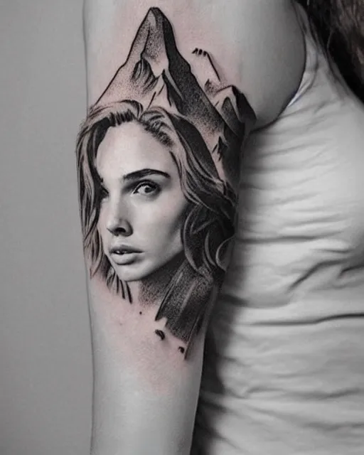 Image similar to creative double exposure effect tattoo design sketch of beautiful gal gadot faded with beautiful mountain scenery, realism tattoo, in the style of matteo pasqualin, amazing detail, sharp