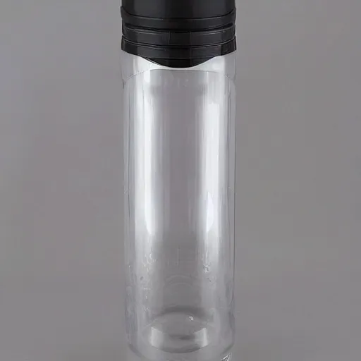 Prompt: A transparent 500ml water bottle filled with water up to half the total volume. It has a metal lid. It has a metal cap on the bottom part. It has a small carrier strap on top. White background. Product picture.