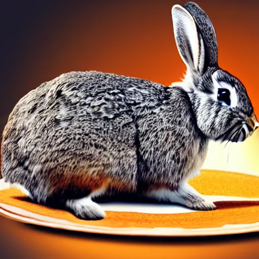 Image similar to a photorealistic photo of a rabbit, the rabbit has a pancake on its head