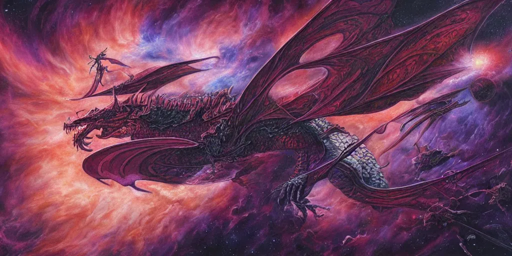 Prompt: a dragon flying in outer space, red and purple nebula, Dan Seagrave art