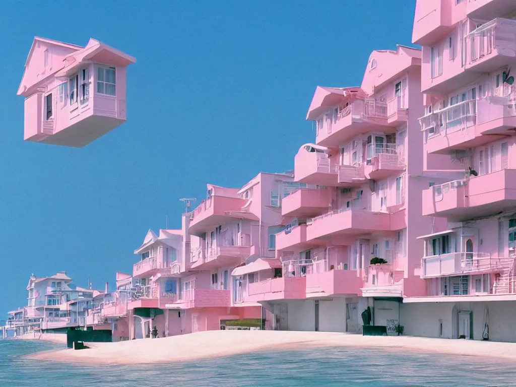 Prompt: retro seafront houses, low angle, ultra wide lens, pink filter, matte painting, concept art, hiroshi nagai