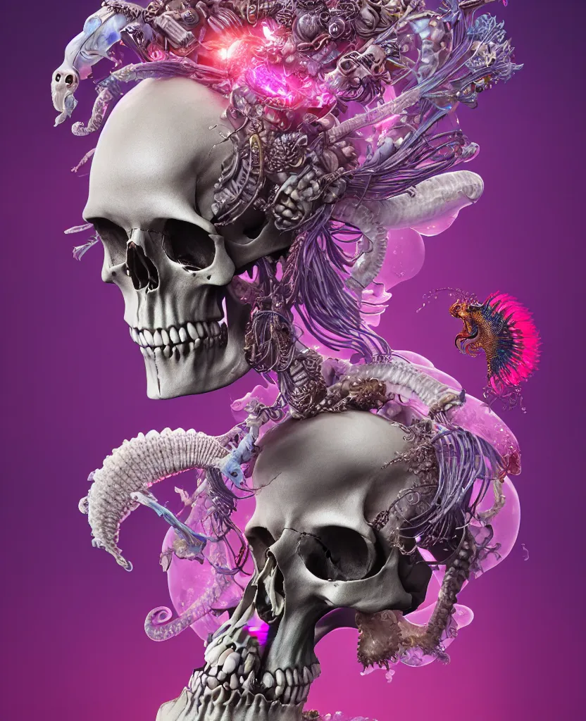 Image similar to goddess close-up portrait skull with mohawk, ram skull, skeleton, thorax, x-ray, backbone, jellyfish phoenix head, nautilus, orchid, skull, betta fish, bioluminiscent creatures, intricate artwork by Tooth Wu and wlop and beeple. octane render, trending on artstation, greg rutkowski very coherent symmetrical artwork. cinematic, hyper realism, high detail, octane render, 8k