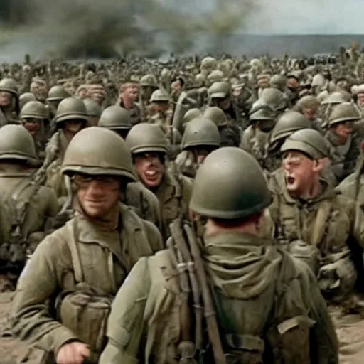 Image similar to movie still from saving private ryan with soldiers replaced with minions, action, d - day