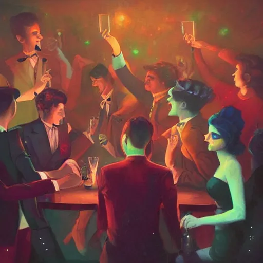 Prompt: young people in a fancy vintage nightclub dancing and drinking, partylights, great colors, by esao andrews, trending on artstation