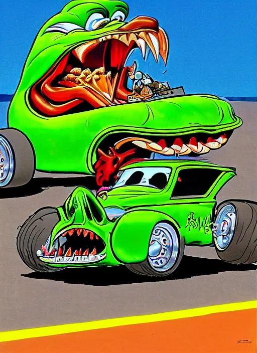 Image similar to rat fink driving his hot rod by ed big daddy roth