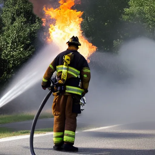 Prompt: a firefighter using a flamethrower