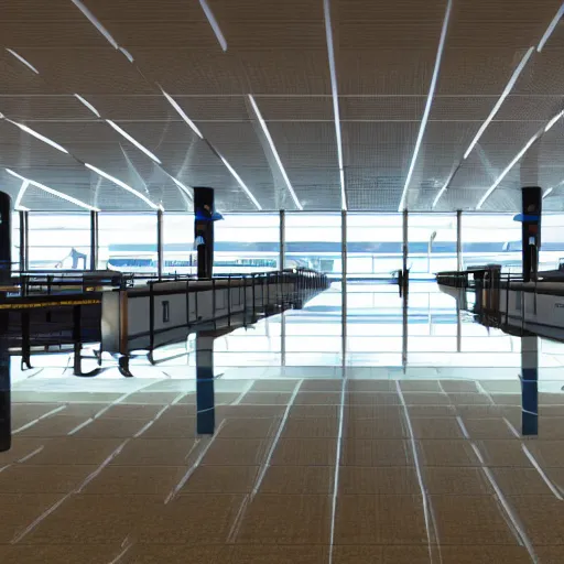 Image similar to photo of an airport interior, the floor is flooded with one meter deep water. eerie, volumetric lighting. highly - detailed 4 k