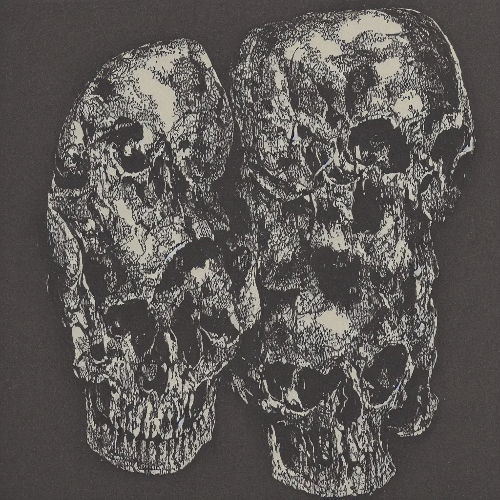 Image similar to blockprint of a skull