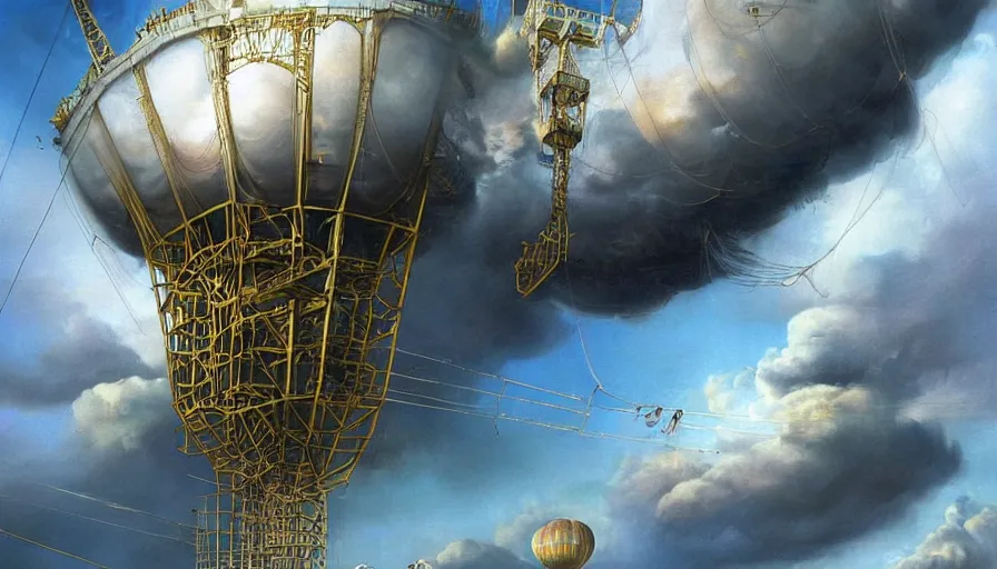 Image similar to an inflated stainless steel chrome gondola in the clouds, people are hanging by steel cables. Oil rigs in the sky. Intricate technical drawing. Colored pencil. Mammatus clouds. Ornate, brilliant, utopian, detailed, Golden ratio, solarpunk technology by Lebbeus Woods and Craig Mullins