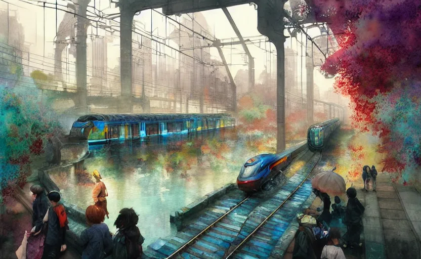 Image similar to an urban train rides inside of a waterway on a fantasy city. intricate, amazing composition, colorful watercolor, by ruan jia, by maxfield parrish, by marc simonetti, by hikari shimoda, by robert hubert, by zhang kechun, illustration, gloomy