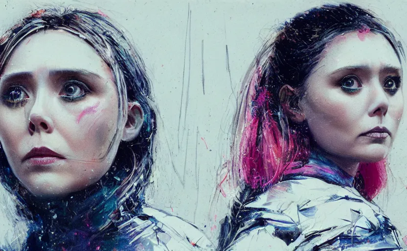 Prompt: detailed film still of portrait neon operator elizabeth olsen in the movie 2 0 0 1 space odyssey, messy ponytail, cyberpunk futuristic, neon, reflective puffy coat, decorated with traditional japanese by ismail inceoglu dragan bibin hans thoma greg rutkowski alexandros pyromallis nekro, illustrated, perfect face, fine details, realistic shaded, fine - face, pretty face