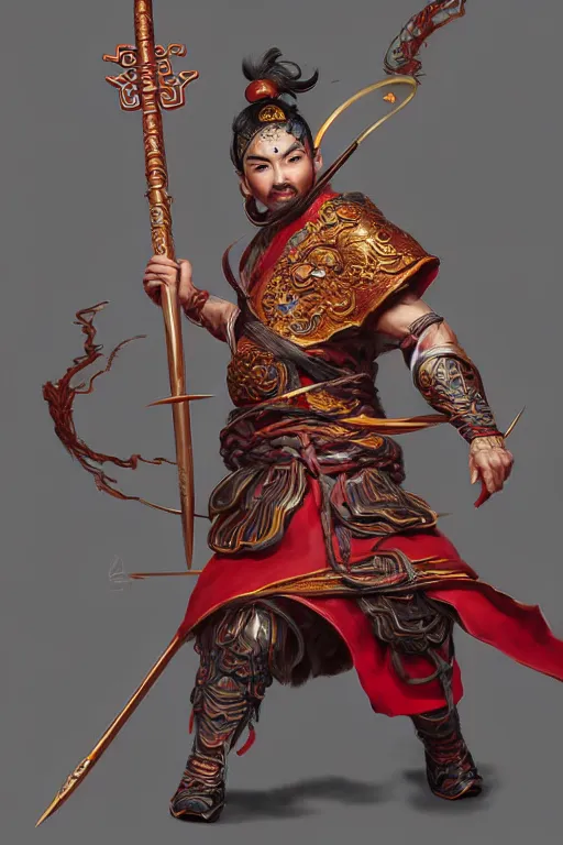 Image similar to charming nezha, highly detailed, man holding spear, flame everywhere, epic pose, masterpiece chinese fantasy character portrait, highly detailed, digital painting, trending on artstation, concept art, sharp focus, illustration, global illumination, ray tracing, realistic shaded, art by artgerm and greg rutkowski and fuji choko and viktoria gavrilenko and hoang lap