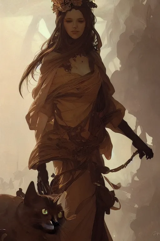 Image similar to A full portrait of occultist cat, intricate, elegant, highly detailed, digital painting, artstation, concept art, smooth, sharp focus, illustration, art by Krenz Cushart and Artem Demura and alphonse mucha