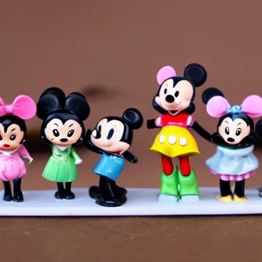 Image similar to product photograph of cute vintage disney figurines by isabel han : 4 cute, chibi, popular, collectible, toys figures, mickey mouse, miney mouse, pluto, kawaii, toys, white background : 3