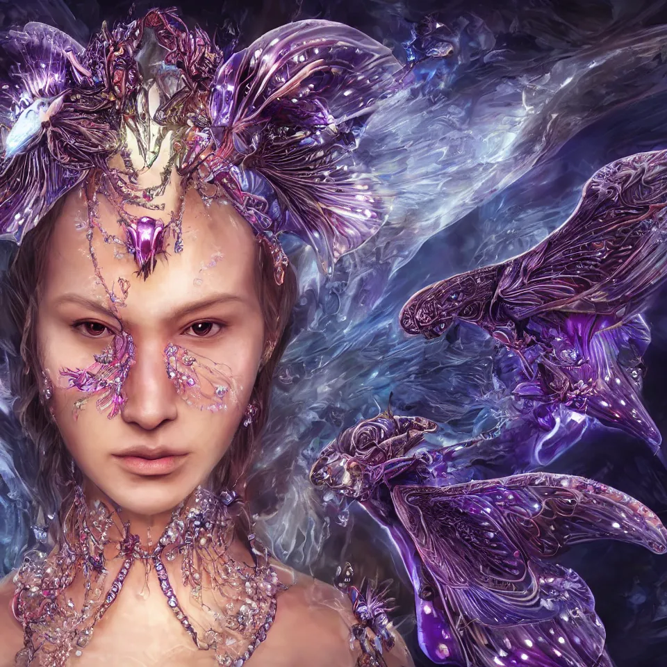 Prompt: epic ethnic close-up macro portrait of the face of a beautiful princess, epic angle and pose, symmetrical artwork, 3d with depth of field, blurred background, cybernetic orchid flower butterfly jellyfish crystal, obsidian, female face skull phoenix bird, translucent, nautilus, energy flows of water and fire. a highly detailed epic cinematic concept art CG render. made in Maya, Blender and Photoshop, octane render, excellent composition, cinematic dystopian brutalist atmosphere, dynamic dramatic cinematic lighting, aesthetic, very inspirational, arthouse. y Greg Rutkowski, Ilya Kuvshinov, WLOP, Stanley Artgerm Lau, Ruan Jia and Fenghua Zhong