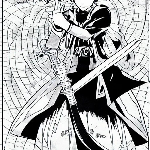 Image similar to young anime hero with a sword, illustrated by mato and ken sugimori, manga, black and white illustration