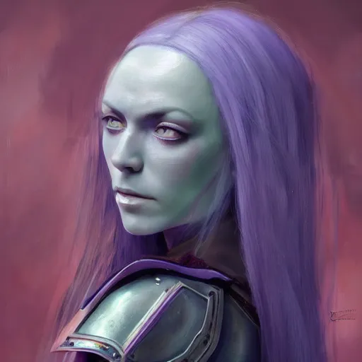 Image similar to priscilla from claymore portrait, medium shot, asymmetrical, profile picture, organic painting, matte painting, purple skin, forehead horn, bold shapes, hard edges, trending on artstation, by huang guangjian and gil elvgren and sachin teng