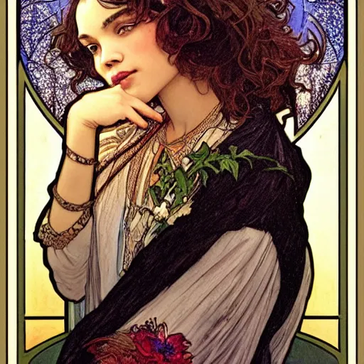 Image similar to tessa thompson portrait by louis - theophile hingre and alphonse mucha, realistic, sharp focus, zodiac signs, tarot cards, planets, ethereal, art nouveau, magic, moon, sun, crown, dreamy, royal, jewellery
