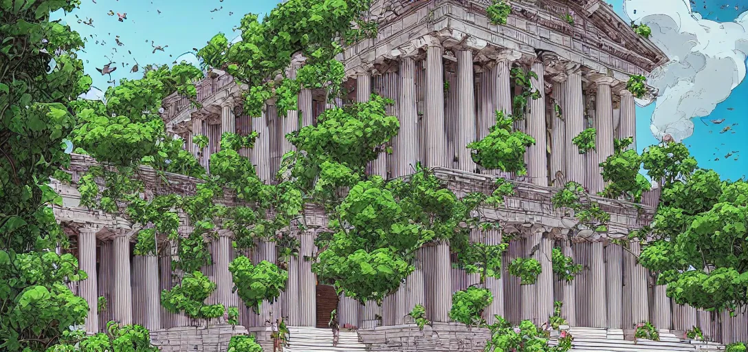 Prompt: Greek temple with hanging gardens in the graphic style of Patrick Gleason and SANA TAKEDA, detailed art, trending on Artstation, sharp focus, Beautiful comic art