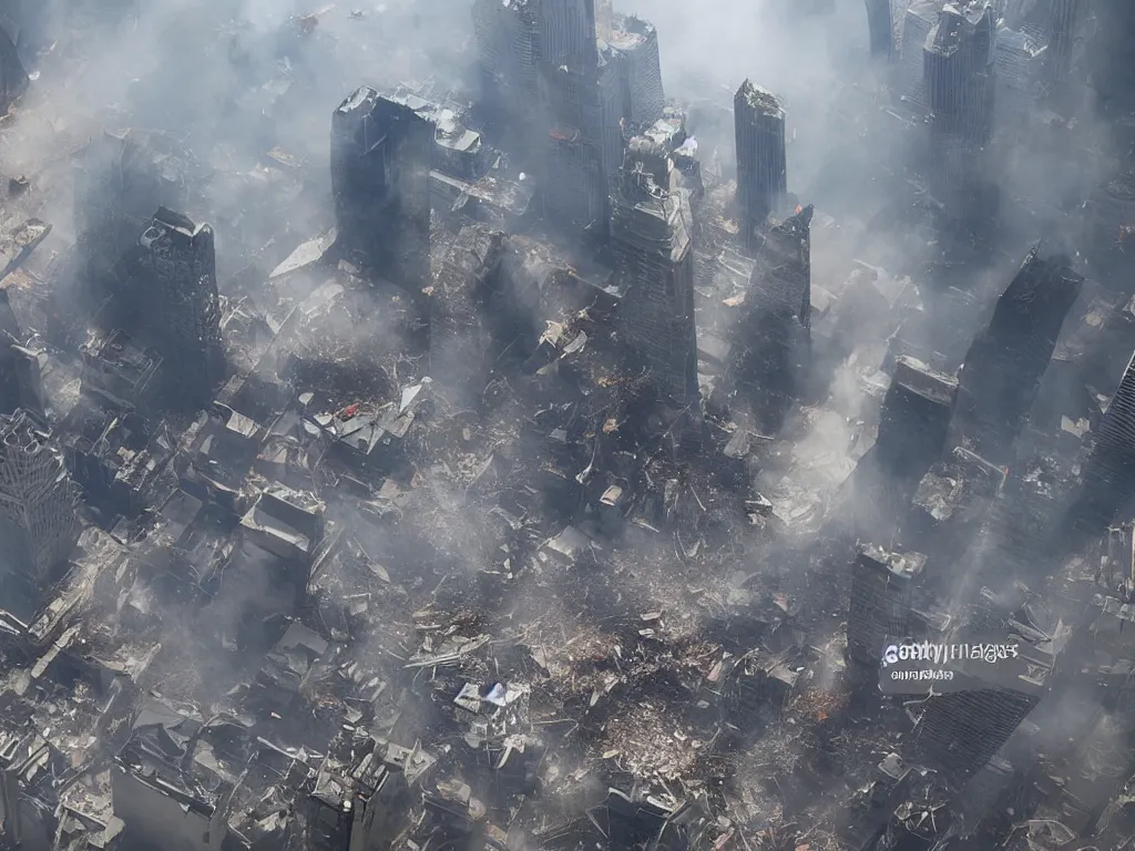 Prompt: giant skyscrapers falling from sky, mid air with destruction, debris