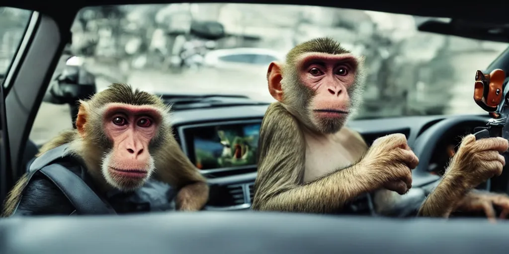 Prompt: a man with a crazy look driving car, a monkey holding a revolver in the back seat, a frightened man next to the driver, hd, ultra realistic, detailed, cinematic