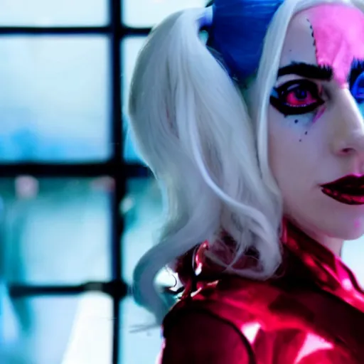 Image similar to movie still of lady gaga as harley quinn great lighting 4k quality