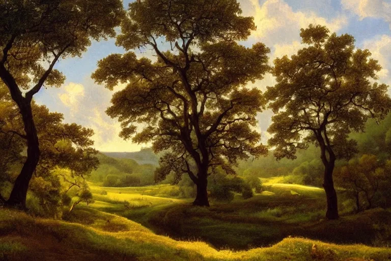 Image similar to masterpiece painting of oak trees on a hillside overlooking a creek, dramatic lighting, by a. y. jackson