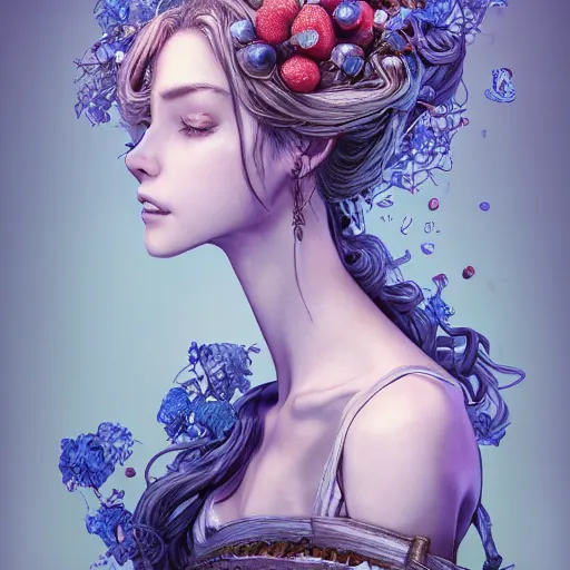 Image similar to the portrait of a blueberry that resembles an absurdly beautiful, graceful, elegant, sophisticated girl, an ultrafine hyperdetailed illustration by kim jung gi, irakli nadar, intricate linework, bright colors, octopath traveler, final fantasy, unreal engine 5 highly rendered, global illumination, radiant light, detailed and intricate environment