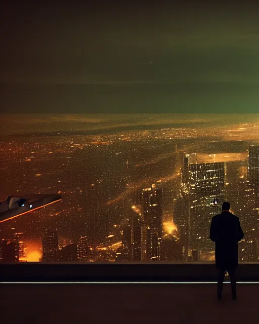 Prompt: a night rooftop scene by Ed Wood, neon lights in the city below, close up shot of a photorealistic gangster wearing a trench coat looking at the city below, dark mood, octane render, unreal engine 5, vray render