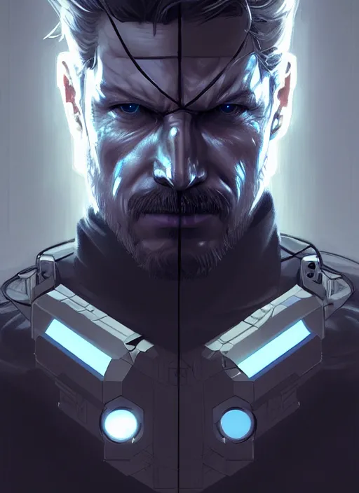 Image similar to symmetry!! portrait of solid snake, metal gear solid, tech wear, glowing lights!! intricate, elegant, highly detailed, digital painting, artstation, concept art, smooth, sharp focus, illustration, art by artgerm and greg rutkowski and alphonse mucha