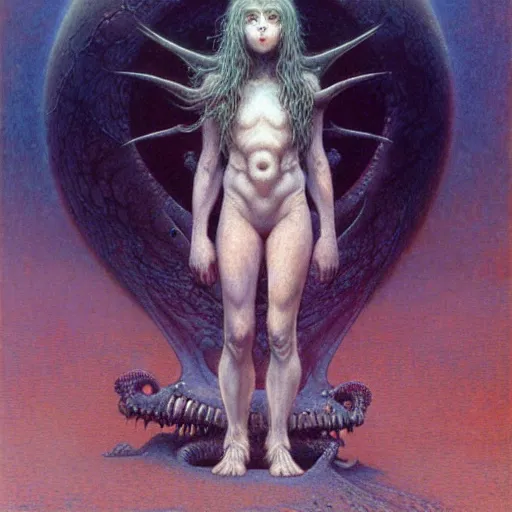 Image similar to cute young vampire tomboy girl with short short short dark hairs on lovecraftian planet by jean delville by luis royo and wayne barlowe, beksinski