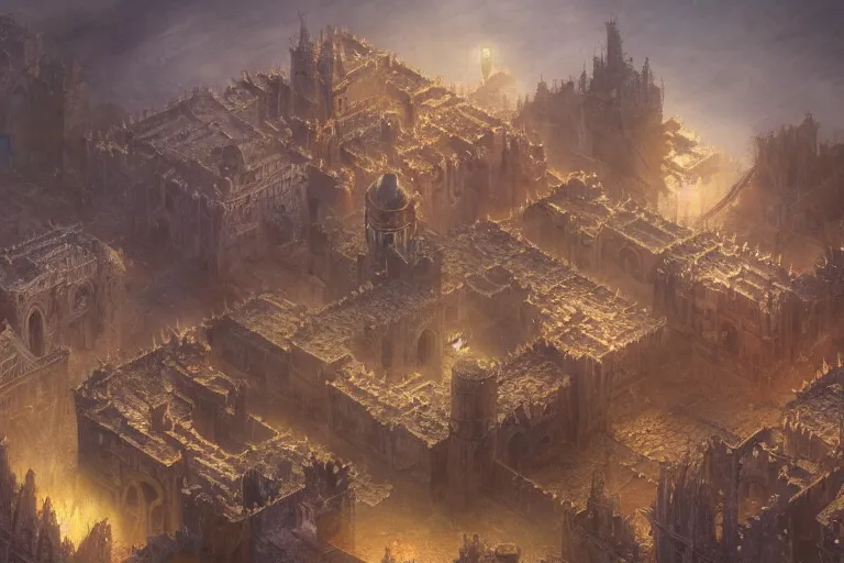Image similar to an intricate matte painting of An epic stronghold crusader planescape map, highly detailed iridescent dimly lit exterior with shafts of iridescent light bouncing off magical realms, by Christophe Vacher and Bastien Lecouffe-Deharme, trending on artstation