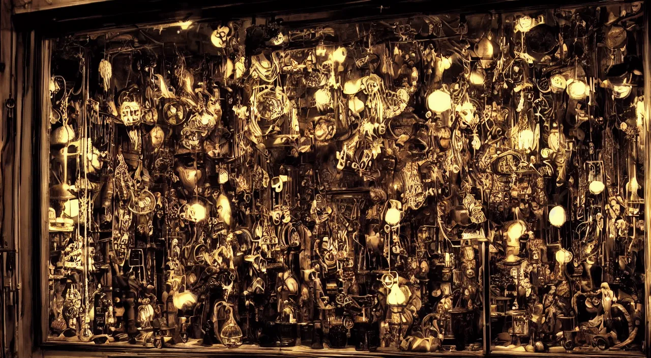 Image similar to steampunk shop window by junji ito, darkness, neon lights, photo realistic, completely filled with interesting oddities, things hanging from ceiling, light bulbs, cinematic