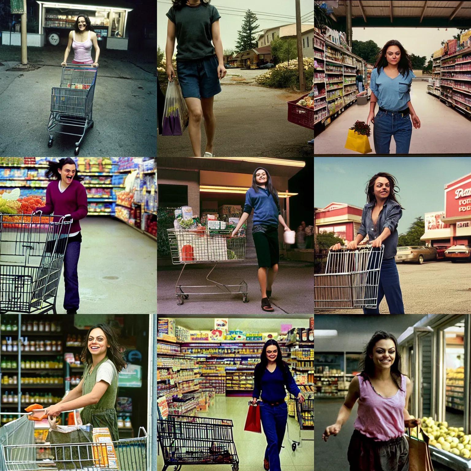 Prompt: portrait of laughing Mila Kunis walking out of the grocery store, Gregory Crewdson, Joel Sternfeld