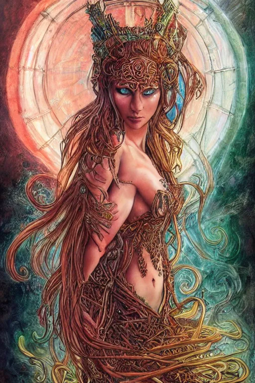Prompt: colorful portrait of the beautiful celtic queen with sexy neckline and with traditional celtic face painting in the style of luis royo and in the style of wayne barlowe. glowing, ornate and intricate, stunning, dynamic lighting, intricate and detailed.