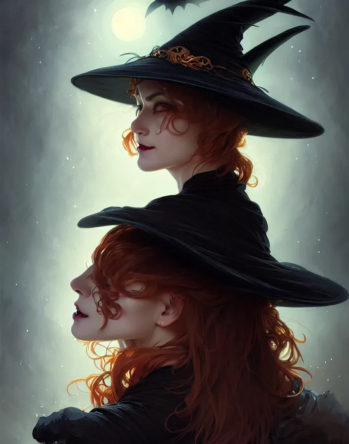 Image similar to halloween witch woman in a hat smiles, fantasy magic, undercut hairstyle, dark light night, intricate, elegant, sharp focus, illustration, highly detailed, digital painting, concept art, matte, art by wlop and artgerm and greg rutkowski and alphonse mucha, masterpiece