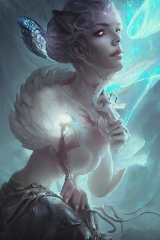 Image similar to face closeup beautiful girl necromancer full of sculls, wizard of the coast casting magic spell, angel and demons, heaven, magic storm and thunder clouds, scifi, fantasy, magic the gathering, hyper detailed, octane render, concept art, 3 d render, hyper realistic detailed portrait, peter mohrbacher