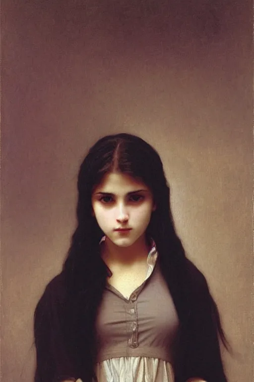 Prompt: teenage emo woman, painting by william adolphe bouguereau