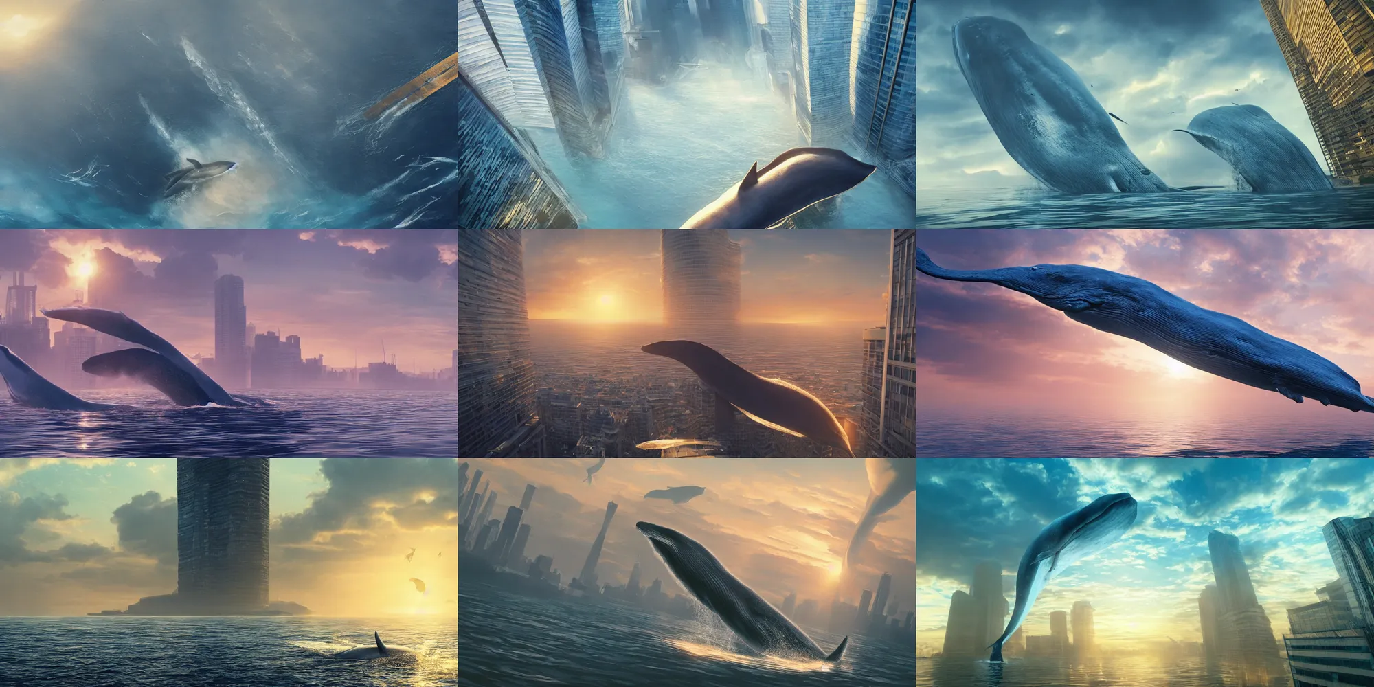 Prompt: a huge blue whale is swimming in mid air near a skyscraper, epic, cinematic shot, soft light, golden hour, soft color, artstation, atmosphere, high definition