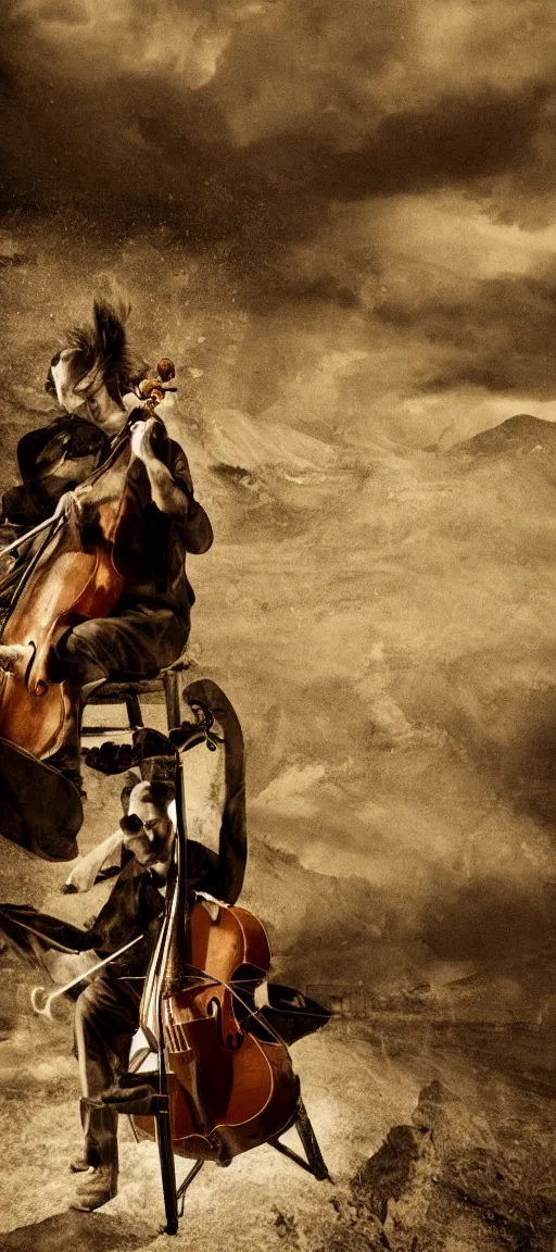 Prompt: classical musician playing double bass, wind in long hair, dust, blood, dripping, rubbles, ruins, hills, mountains, clouds, dark sky, dust, rain, raindrop, wet, sepia