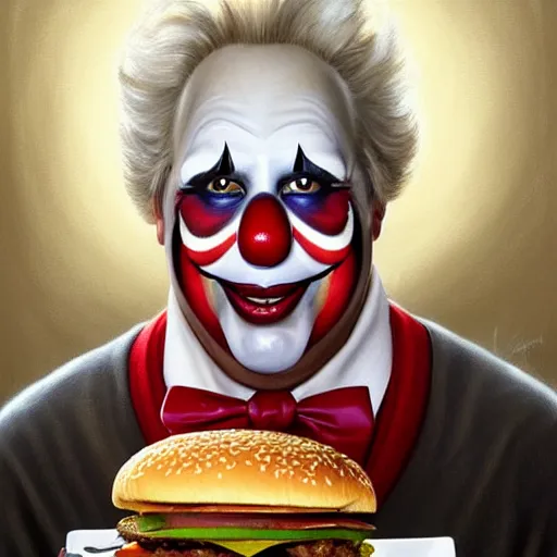 Image similar to portrait of chevy chase in clown makeup eating hamburgers, extra onions and ketchup, luscious patty with sesame seeds, ethereal, handsome, d & d, fantasy, intricate, elegant, highly detailed, digital painting, artstation, concept art, matte, sharp focus, illustration, art by artgerm and greg rutkowski and alphonse mucha