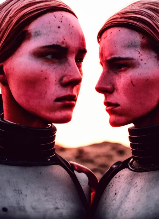 Image similar to cinestill 5 0 d photographic portrait of two loving female androids wearing rugged black techwear on a desolate plain with a red sky, extreme closeup, cyberpunk style, garters, body suits, dust storm, 8 k, hd, high resolution, 3 5 mm, f / 3 2, ultra realistic faces, ex machina