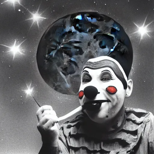 Image similar to clown, eating fish, moon, high res, sky diamonds, film grain