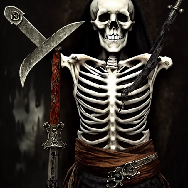 Image similar to photo of a skeletal pirate ghost head and torso, holding a sword and standing in a grotto, photorealistic, dark, atmospheric lighting, painted, intricate, ultra detailed, well composed, best on artstation, cgsociety, epic, stunning, gorgeous, intricate detail, wow, masterpiece